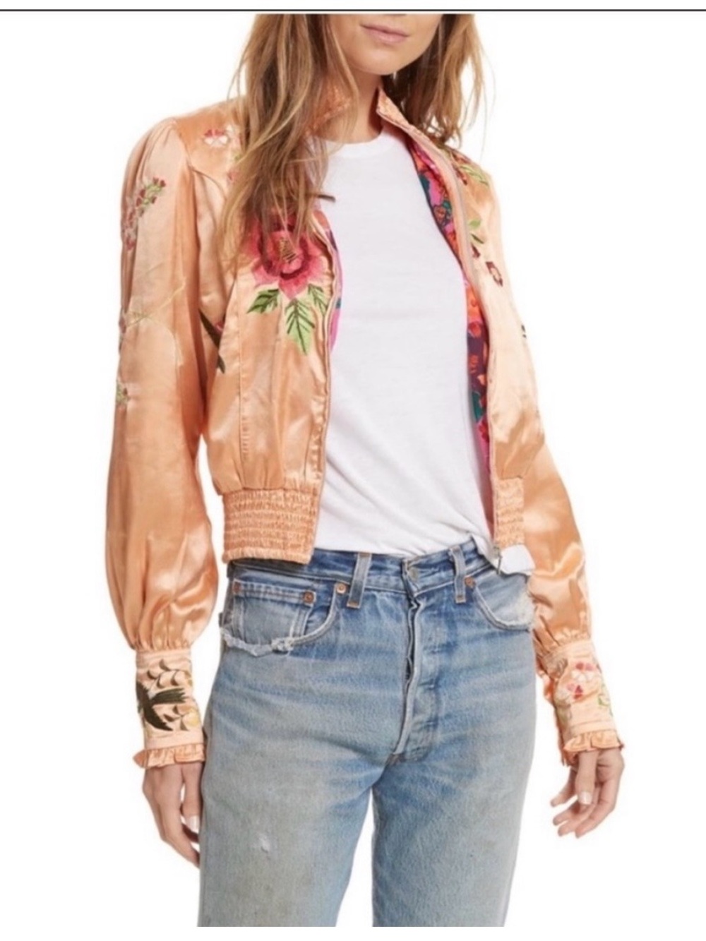 Free People Peach Satin Embroidered Bomber Jacket - Picture 3 of 4